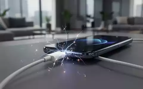 Ein Smartphone wird mit einem Ladekabel verbunden, mit einem subtilen elektrischen Funken am Ladeanschluss, der Überspannung symbolisiert. - Foto: über boerse-global.de