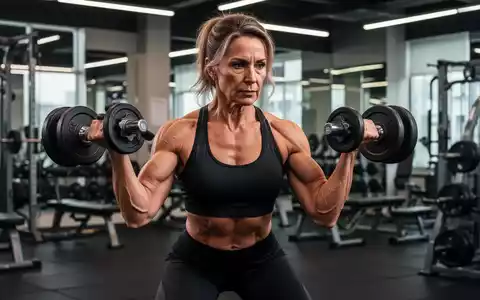 Eine Frau mittleren Alters konzentriert sich beim Krafttraining mit Hanteln in einem Fitnessstudio. - Foto: über boerse-global.de