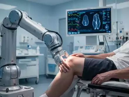 Ein Roboterarm unterstützt ein Knie während der Rehabilitation, im Hintergrund eine digitale Anzeige mit medizinischen Daten in einem modernen Krankenhaus. - Foto: über boerse-global.de