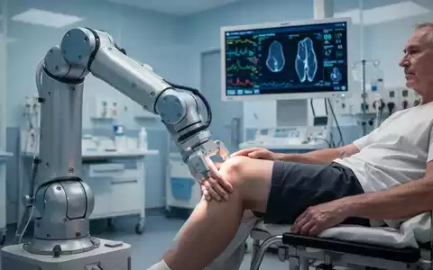 Ein Roboterarm unterstützt ein Knie während der Rehabilitation, im Hintergrund eine digitale Anzeige mit medizinischen Daten in einem modernen Krankenhaus. - Foto: über boerse-global.de