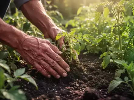 Nahaufnahme von Händen, die Pflanzen in einem sonnigen Garten pflegen, was auf therapeutisches Gärtnern und körperliche Aktivität hinweist. - Foto: über boerse-global.de