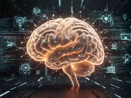 A glowing, stylized neural network brain overlaid with digital streams and entertainment symbols, representing personal superintelligence. - Foto: über boerse-global.de