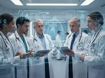 Doctors consult in a modern medical setting, surrounded by glowing AI interfaces displaying health data, symbolizing advanced AI in healthcare. - Foto: über boerse-global.de