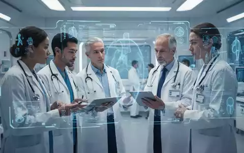 Doctors consult in a modern medical setting, surrounded by glowing AI interfaces displaying health data, symbolizing advanced AI in healthcare. - Foto: über boerse-global.de