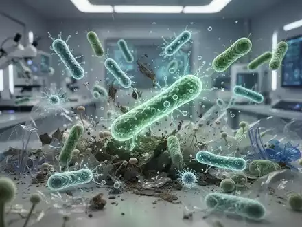 Nahaufnahme von Mikroorganismen, die Kunststoffabfälle in einem Labor abbauen, mit futuristischer Biotechnologie im Hintergrund. - Foto: über boerse-global.de