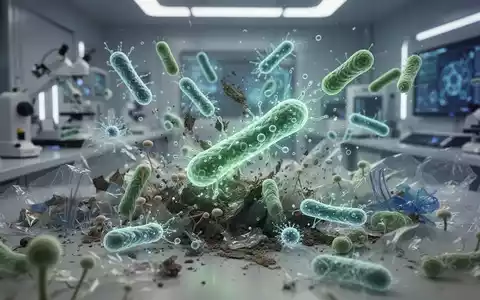 Nahaufnahme von Mikroorganismen, die Kunststoffabfälle in einem Labor abbauen, mit futuristischer Biotechnologie im Hintergrund. - Foto: über boerse-global.de