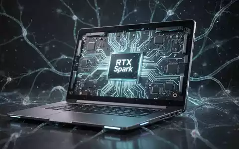A futuristic laptop with glowing internal components, highlighting an 'RTX Spark' branded integrated circuit board, surrounded by neural network lines. - Foto: über boerse-global.de