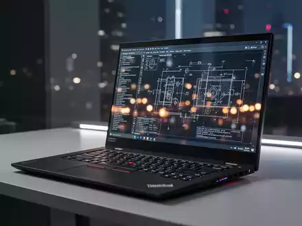 A sleek, modern Lenovo ThinkPad P1 Gen 9 mobile workstation on a desk, with a glowing screen displaying technical schematics. - Foto: über boerse-global.de