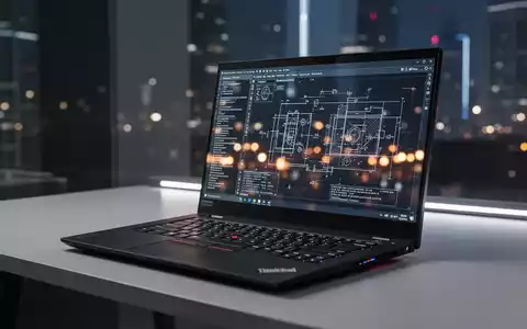 A sleek, modern Lenovo ThinkPad P1 Gen 9 mobile workstation on a desk, with a glowing screen displaying technical schematics. - Foto: über boerse-global.de