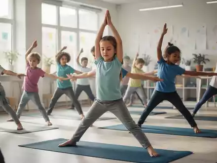 Kinder in einer Yogahaltung in einem hellen Raum, symbolisch für verbesserte kognitive Fähigkeiten und körperliche Aktivität. - Foto: über boerse-global.de