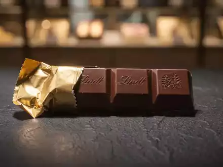 Eine teilweise ausgepackte Lindt-Schokoladentafel liegt auf einer dunklen Oberfläche, die ihre luxuriöse Textur hervorhebt. - Foto: über boerse-global.de