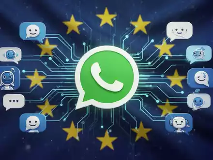 Stylized WhatsApp logo with digital lines connecting to generic AI chatbot icons, set against the European Union flag. - Foto: über boerse-global.de