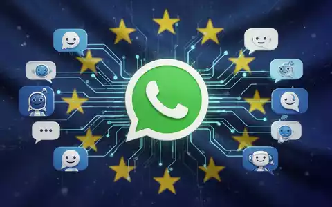Stylized WhatsApp logo with digital lines connecting to generic AI chatbot icons, set against the European Union flag. - Foto: über boerse-global.de