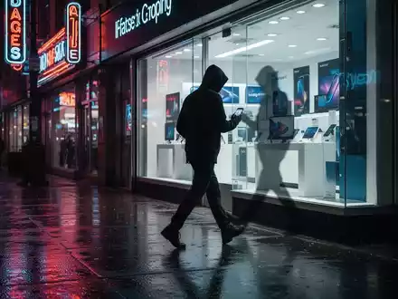 Eine dunkle, unscharfe Figur geht nachts mit einem Smartphone schnell von einem hell erleuchteten Elektronikgeschäft weg. - Foto: über boerse-global.de
