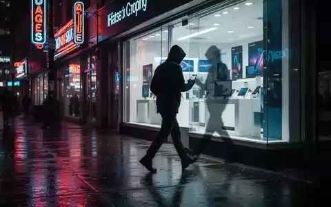Eine dunkle, unscharfe Figur geht nachts mit einem Smartphone schnell von einem hell erleuchteten Elektronikgeschäft weg. - Foto: über boerse-global.de