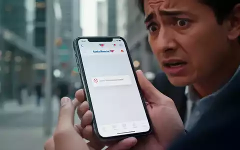 Ein Smartphone zeigt eine Fehlermeldung auf der Bank of America App, gehalten von einer Person mit besorgtem Gesichtsausdruck. - Foto: über boerse-global.de
