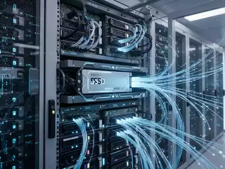 Server racks with glowing blue lights and visible solid-state drives (SSDs) in a high-tech data center. - Foto: über boerse-global.de