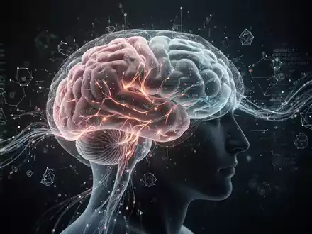Ein stilisiertes, teilweise durchscheinendes menschliches Gehirn mit leuchtenden neuronalen Pfaden und digitalen KI-Elementen, die es umströmen. - Foto: über boerse-global.de