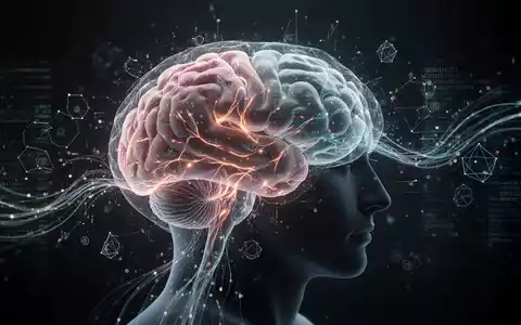 Ein stilisiertes, teilweise durchscheinendes menschliches Gehirn mit leuchtenden neuronalen Pfaden und digitalen KI-Elementen, die es umströmen. - Foto: über boerse-global.de