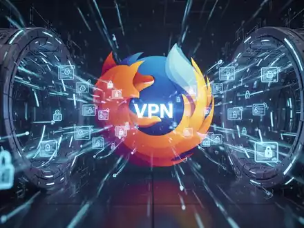 Digital representation of a secure network with data packets flowing, symbolizing a VPN service. A subtle glowing Firefox logo in the background. - Foto: über boerse-global.de