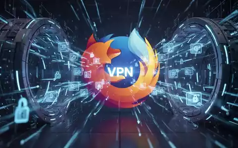 Digital representation of a secure network with data packets flowing, symbolizing a VPN service. A subtle glowing Firefox logo in the background. - Foto: über boerse-global.de
