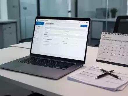 Ein Schreibtisch mit Laptop, digitalem Formular, Kalender (Juli 2026) und Stift. Symbolisiert Fristen und digitale Prozesse in Unternehmen. - Foto: über boerse-global.de