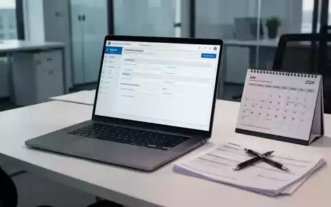 Ein Schreibtisch mit Laptop, digitalem Formular, Kalender (Juli 2026) und Stift. Symbolisiert Fristen und digitale Prozesse in Unternehmen. - Foto: über boerse-global.de