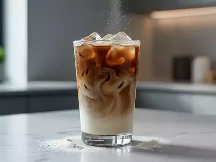 Ein erfrischender Eiskaffee in einem modernen Glas, mit einem dezenten Proteinpulver-Wirbel, vor einem minimalistischen Hintergrund. - Foto: über boerse-global.de