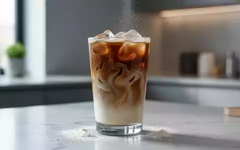 Ein erfrischender Eiskaffee in einem modernen Glas, mit einem dezenten Proteinpulver-Wirbel, vor einem minimalistischen Hintergrund. - Foto: über boerse-global.de