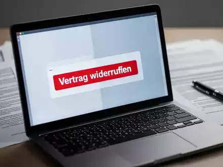 Ein Laptop-Bildschirm zeigt einen digitalen Widerrufsbutton mit der Aufschrift „Vertrag widerrufen“ und rechtliche Dokumente im Hintergrund. - Foto: über boerse-global.de