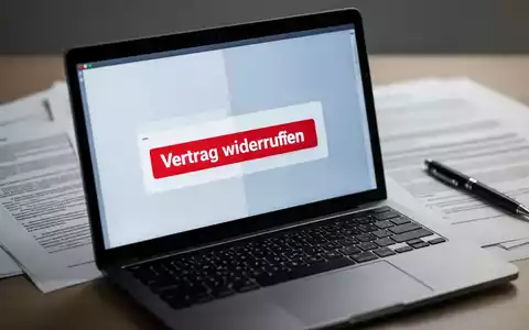 Ein Laptop-Bildschirm zeigt einen digitalen Widerrufsbutton mit der Aufschrift „Vertrag widerrufen“ und rechtliche Dokumente im Hintergrund. - Foto: über boerse-global.de