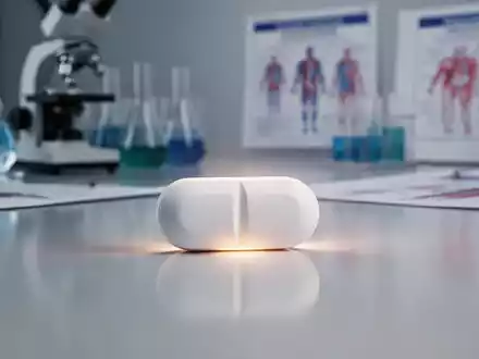 Eine einzelne, modern aussehende Pille, die subtil leuchtet, auf einer reflektierenden Oberfläche mit verschwommenen wissenschaftlichen Instrumenten im Hintergrund. - Foto: über boerse-global.de