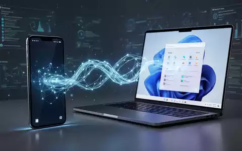 A glowing blue line connecting a smartphone and a laptop, representing data transfer and cross-device functionality in Windows 11. - Foto: über boerse-global.de