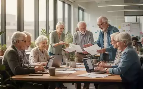 Aktive Senioren arbeiten an Laptops und diskutieren Dokumente in einem modernen Büro, symbolisch für Frührentner mit Zusatzeinkommen. - Foto: über boerse-global.de