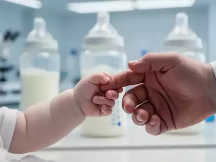 Eine Babyhand hält den Finger eines Erwachsenen, im Hintergrund verschwommen eine Laborumgebung. Symbolisiert Säuglingsnahrung und Forschung. - Foto: über boerse-global.de