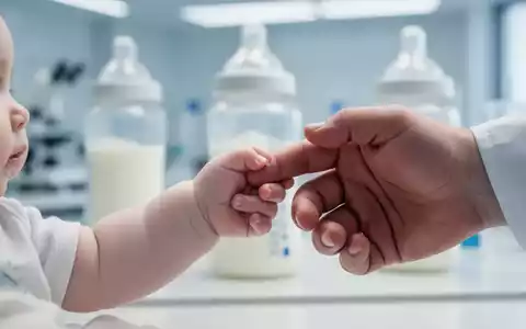 Eine Babyhand hält den Finger eines Erwachsenen, im Hintergrund verschwommen eine Laborumgebung. Symbolisiert Säuglingsnahrung und Forschung. - Foto: über boerse-global.de