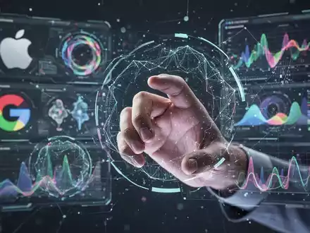 A human hand interacts with a glowing holographic interface, showing abstract data and subtle tech company logos. - Foto: über boerse-global.de