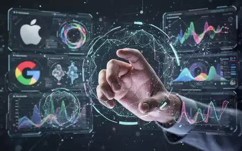 A human hand interacts with a glowing holographic interface, showing abstract data and subtle tech company logos. - Foto: über boerse-global.de