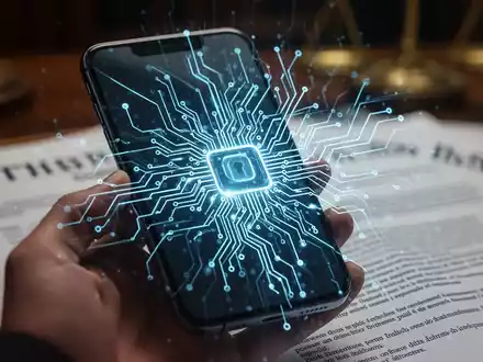 Nahaufnahme eines Smartphones mit einer stilisierten Leiterplatte und einem unscharfen Hintergrund, der einen Gerichtssaal andeutet. - Foto: über boerse-global.de