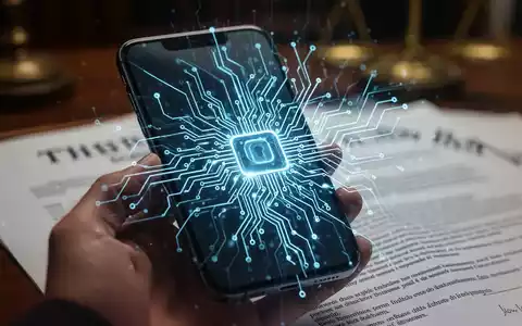 Nahaufnahme eines Smartphones mit einer stilisierten Leiterplatte und einem unscharfen Hintergrund, der einen Gerichtssaal andeutet. - Foto: über boerse-global.de