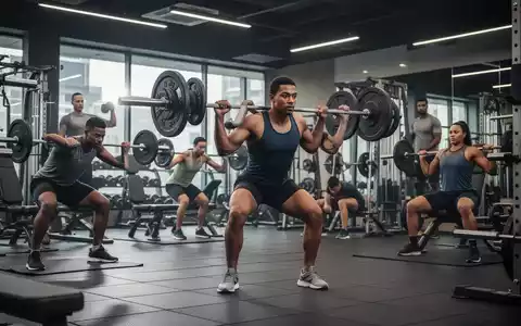 Menschen trainieren in einem modernen Fitnessstudio, führen verschiedene Kraftübungen aus und nutzen Geräte wie Hanteln und Rudergeräte. - Foto: über boerse-global.de