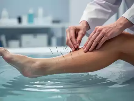 Ein Bein ist im Wasser, eine Hand übt Druck auf einen Akupunkturpunkt aus. Eine Metapher für Akupressur und Hydrotherapie. - Foto: über boerse-global.de