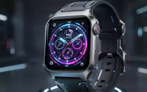 A close-up of a modern smartwatch with a square, titanium body and a glowing digital interface, highlighting its refined design. - Foto: über boerse-global.de
