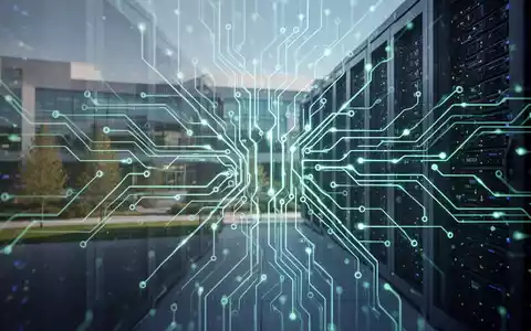 A glowing, intricate digital neural network pattern overlaid on a blurred image of modern server racks, symbolizing AI and restructuring. - Foto: über boerse-global.de