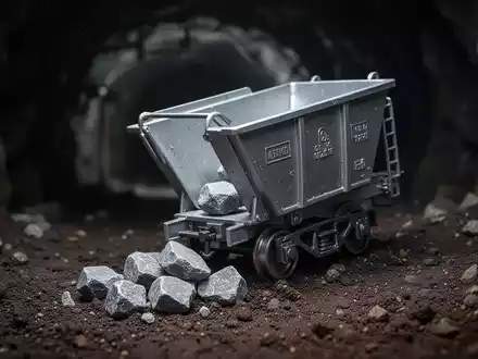 Ein leicht gekippter, silberner Bergbauwagen mit einigen grauen Steinen, die auf dunkle Erde fallen, in einem verschwommenen Minentunnel. - Foto: über boerse-global.de