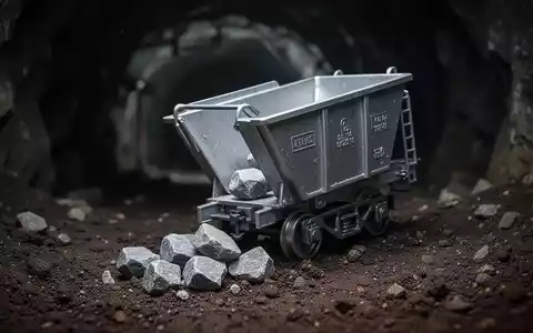 Ein leicht gekippter, silberner Bergbauwagen mit einigen grauen Steinen, die auf dunkle Erde fallen, in einem verschwommenen Minentunnel. - Foto: über boerse-global.de