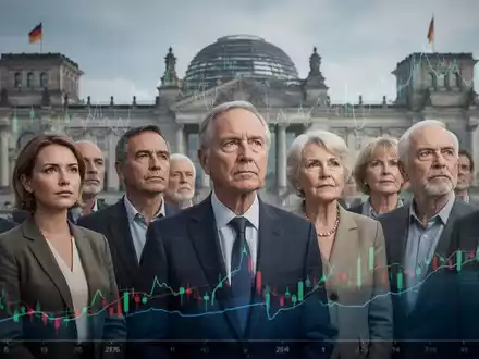 Eine vielfältige Gruppe von Menschen, jung und alt, vor Finanzdiagrammen und dem Reichstagsgebäude, symbolisiert die Zukunft der Renten. - Foto: über boerse-global.de