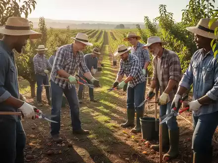 Eine Gruppe von Arbeitskräften unterschiedlicher Herkunft arbeitet gemeinsam in einem sonnigen Obstgarten oder auf einem Feld. - Foto: über boerse-global.de