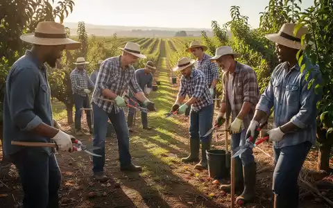 Eine Gruppe von Arbeitskräften unterschiedlicher Herkunft arbeitet gemeinsam in einem sonnigen Obstgarten oder auf einem Feld. - Foto: über boerse-global.de