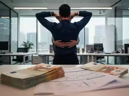 Eine Person dehnt ihren Rücken in einem Büroumfeld, mit Euro-Banknoten im Vordergrund, die Arbeitgeberzuschuss symbolisieren. - Foto: über boerse-global.de